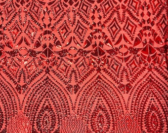 Red Geometric Sequin Fabric – Embroidered Mesh, 4-Way Stretch
