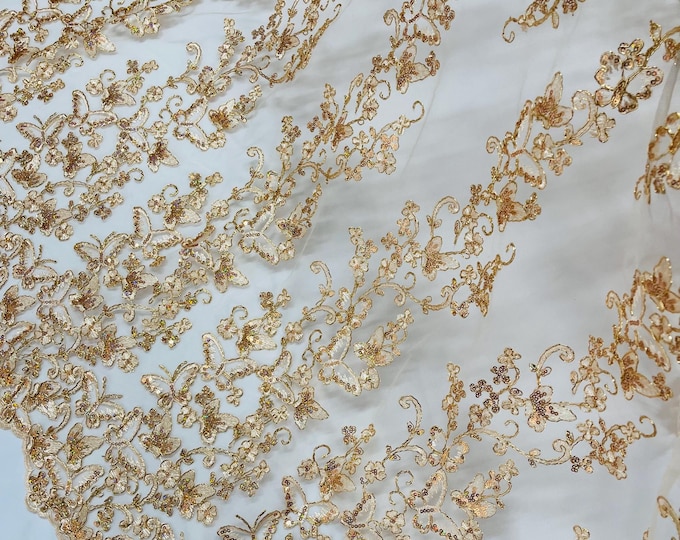 Champagne Hologram Sequin Butterfly Lace Fabric: Metallic Corded Embroidery with Sequins