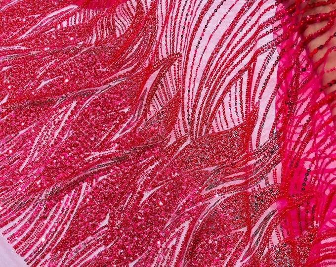 Hot Pink Beaded Lace Fabric: Embroidered Mesh, Bridal Wedding Dress - Sold By The Yard