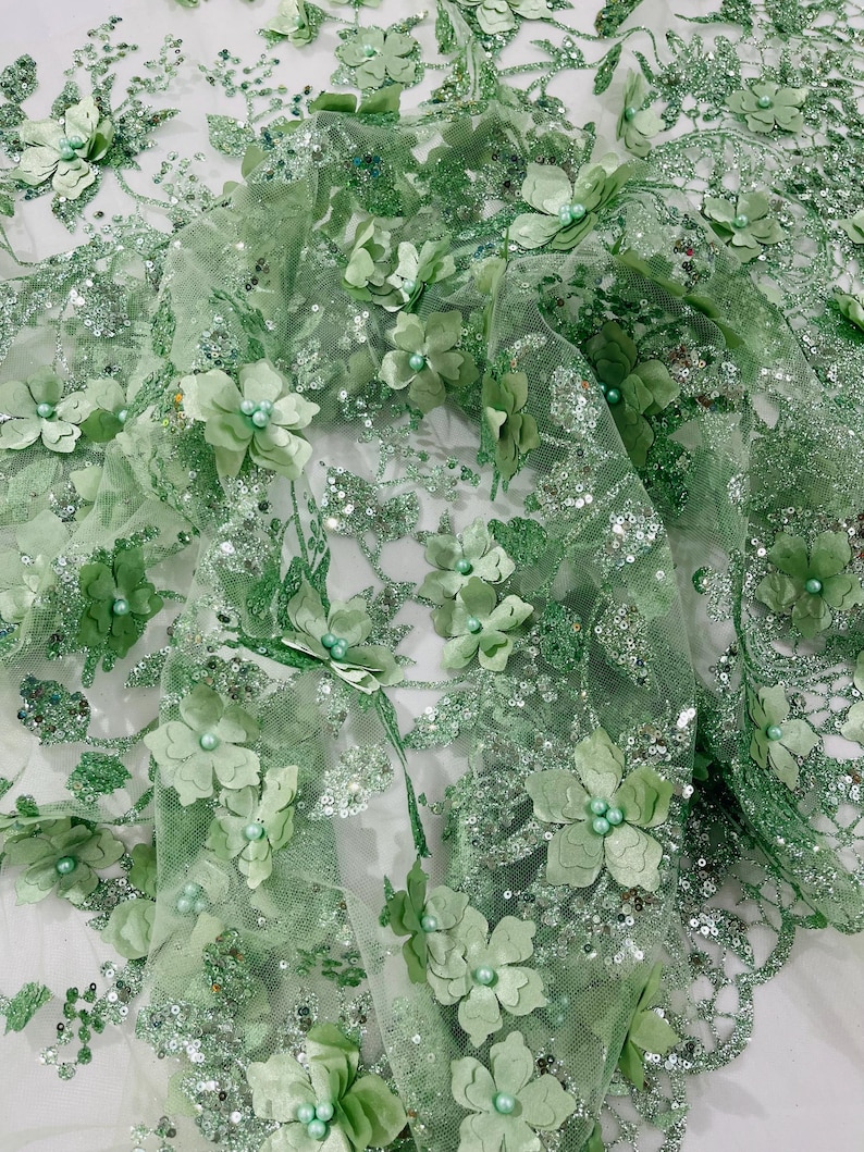 Sage 3D Floral Sequin Fabric: Glitter Tulle Lace for Wedding Dress - Etsy