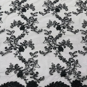Black Floral Sequin Lace Fabric, Embroidery With Sequins on a Mesh Lace Fabric Corded Fabric By The Yard For Gown, Wedding Bridal