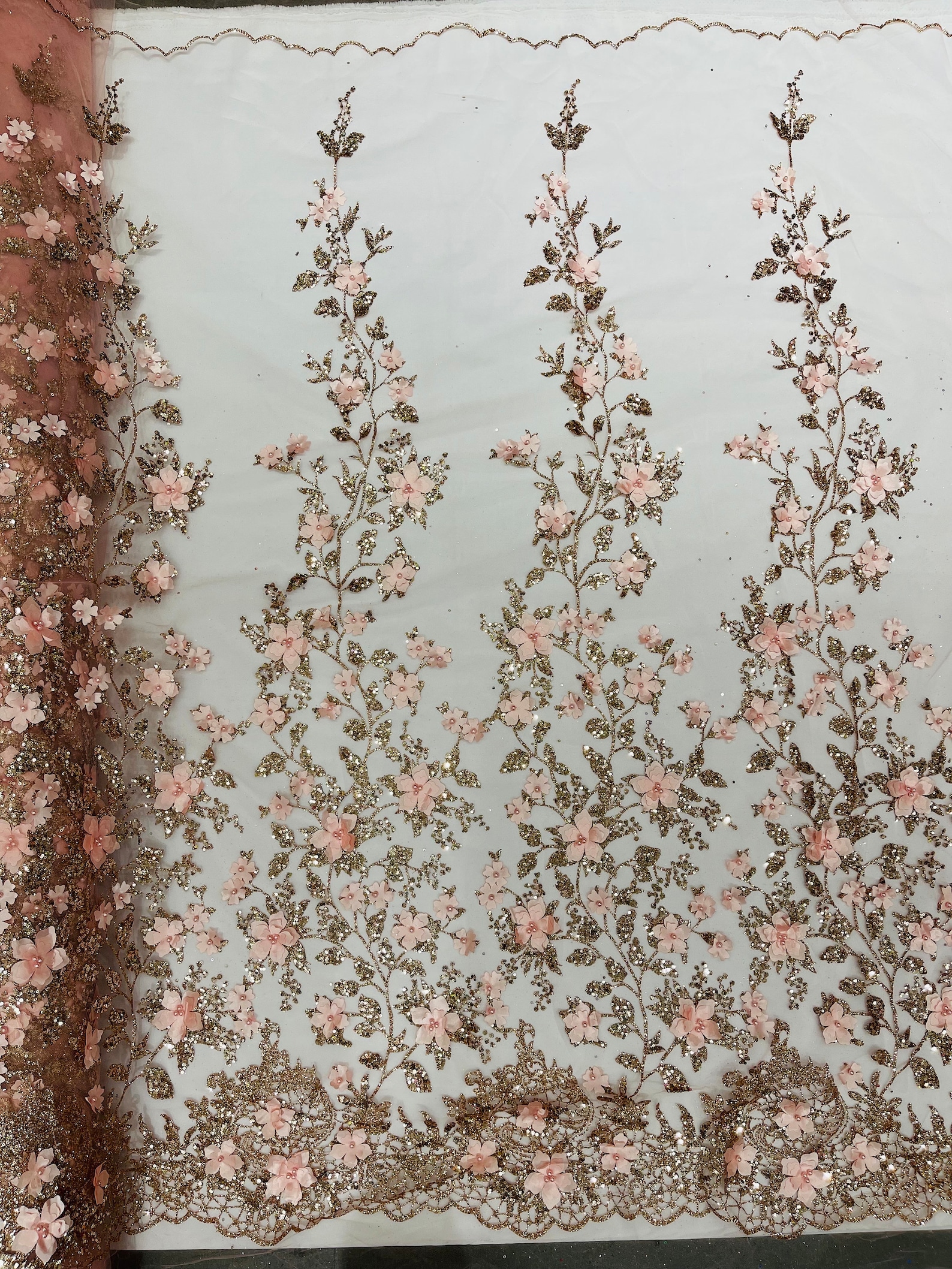 Rose Gold 3D Flower Glitter Sequin Fabric by the Yard, 3D Floral ...
