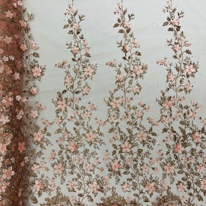 Rose Gold 3D Flower Glitter Sequin Fabric by the Yard, 3D Floral ...