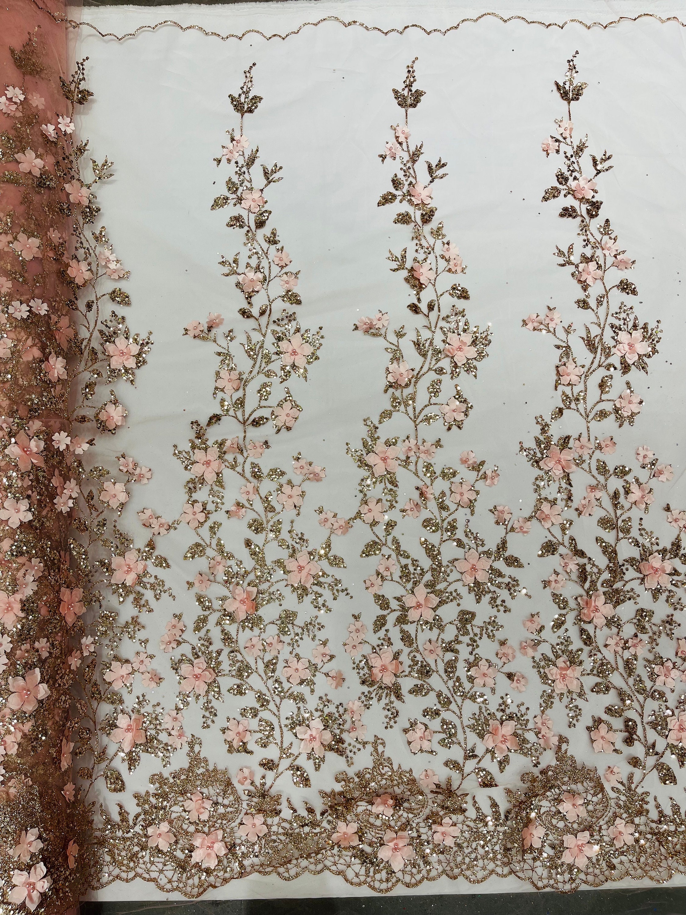 Rose Gold 3D Flower Glitter Sequin Fabric by the Yard, 3D Floral ...