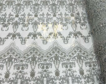 Silver Design Glam Damask Beaded Fabric, Embroidered Fashion Fabric with Beads Wedding Bridal Sold By Yard