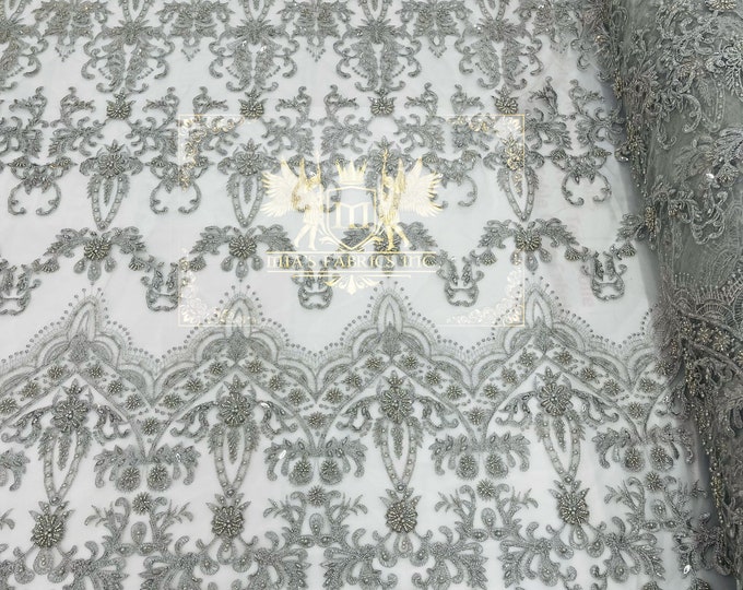 Silver Design Glam Damask Beaded Fabric, Embroidered Fashion Fabric with Beads Wedding Bridal Sold By Yard