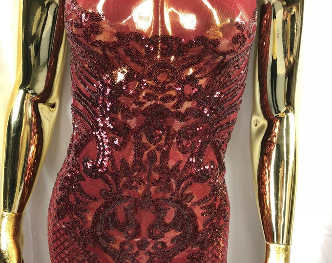 Sequins Burgundy Lace Fabric, DAMASK Design Embroidered on a Mesh 4 way Stretch Sequin By The Yard -Prom-Gown ( Choose The Size )