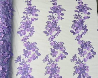 Mia Fabrics Inc, Lavender 3D Floral-Flower With Pearl, Bridal Lace 3D Flower Wedding Lace by the Yard (Pick a Size)