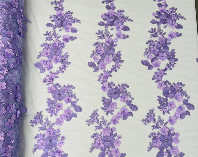 Mia Fabrics Inc, Lavender 3D Floral-Flower With Pearl, Bridal Lace 3D Flower Wedding Lace by the Yard (Pick a Size)