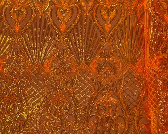 Orange Iridescent Sequin Fabric, Selena Damask Design on a 4 Way Stretch Sequin Lace Mesh - Prom Gala Gown Fabric By Yard