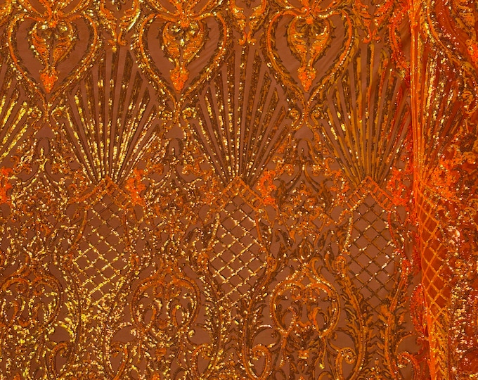 Orange Iridescent Sequin Fabric, Selena Damask Design on a 4 Way Stretch Sequin Lace Mesh - Prom Gala Gown Fabric By Yard