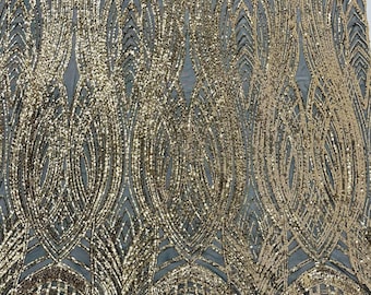 Gold Sequins Fabric | on Black Mesh 4 Way Stretch Fancy Big Damask Design Sequins on Spandex Mesh Prom Gala Gown Fabric By The Yard