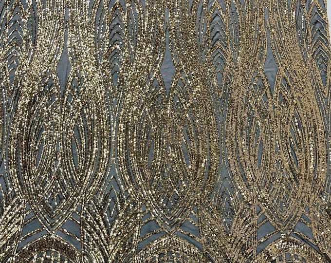 Gold Sequins Fabric | on Black Mesh 4 Way Stretch Fancy Big Damask Design Sequins on Spandex Mesh Prom Gala Gown Fabric By The Yard