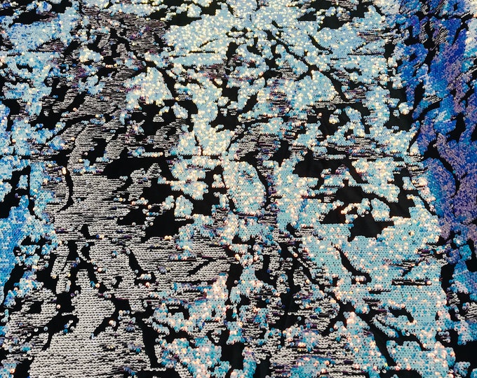 Iridescent unicorn/white Sequin on Black Stretch Velvet, Reversible Sequins all Over 5mm Flip Sequins 2-way Stretch 60”(Choose The Quantity)