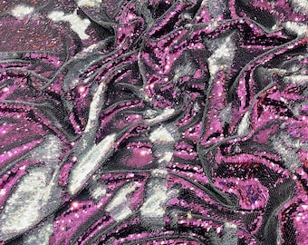 Matte Silver/Eggplan Flip Sequins Fabric: 2-Way Stretch Reversible Material
