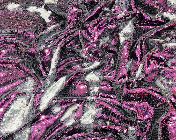 Matte Silver/Plum Sequins Fabric: 2-Way Stretch Flip-Up Reversible Sequin