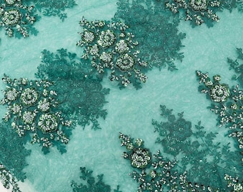 Hunter Green Embroidery Beaded Fabric With Sequin on a Mesh, JP Desing Beaded Fabric Floral Bridal Lace Fabric by the yard