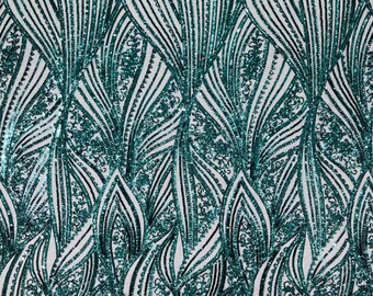 Green Sequin Fabric: Embroidered Damask Design, 4-Way Stretch