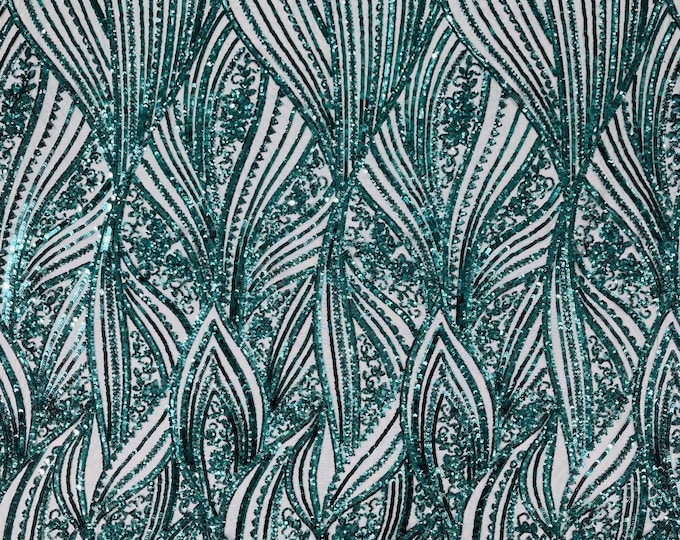Green Sequins Fabric 4 Way Stretch on a Mesh | Embroidered Damask Design With Sequin Lace Prom-Gown by the yard