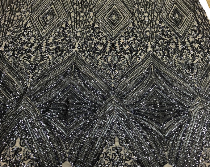 Navy Blue 4 Way Stretch Geometric Sequins - Nova Design Triangular Fabric for Prom Gala Gown Sold By The Yard
