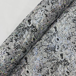 White Silver Glitter Snake Design Shattered Glass Nylon Spandex Fabric By Yard, Snake Flocking Hologram, Glitter Snake Nylon Spandex Fabric