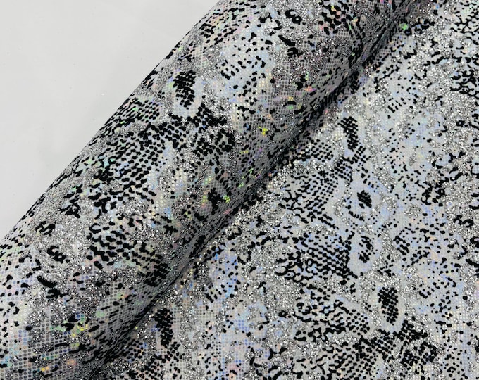 White Silver Glitter Snake Design Shattered Glass Nylon Spandex Fabric By Yard, Snake Flocking Hologram, Glitter Snake Nylon Spandex Fabric