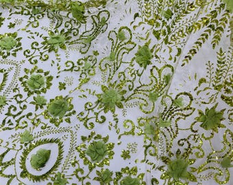 Olive 3D Floral Sequin Fabric: Glitter Mesh, Wedding Dress Material