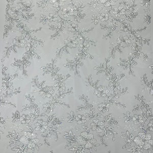 White Flower Design Embroidered on Mesh Lace Fabric By the yard | Floral Bridal Lace Wedding Dress  (Pick a Size)