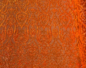 Orange Iridescent Sequin Fabric: Embroidered Damask Mesh, 4-Way Stretch