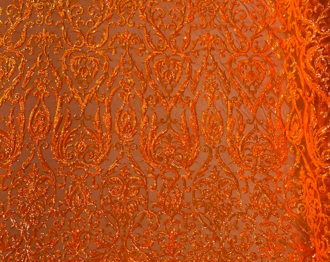 Orange Iridescent Sequins Fabric | by the yard | Orange Mesh 4 Way Stretch | Embroidered King Damask Design With Sequin Lace Prom-Gown