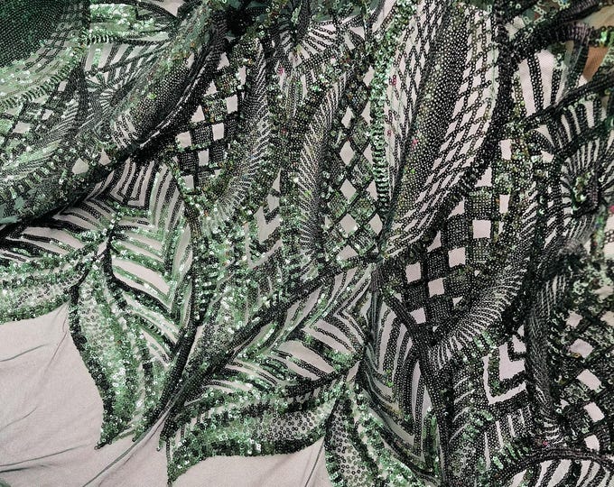 Hunter Green Sequins Fabric on Mesh, Royalty Design Embroidered on a Mesh 4 way Stretch Sequin By The Yard -Prom-Gown ( Choose The Size )