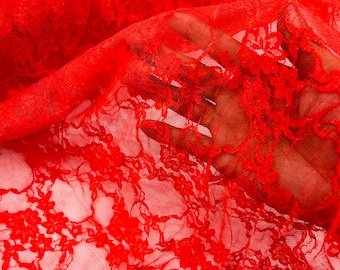 Red Floral Lace Fabric - 4-Way Stretch Spandex Mesh, Sold by the Yard