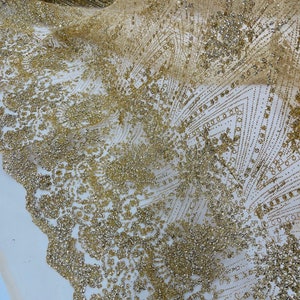 Champagne/Gold Glitter on Mesh Lace Fabric By The Yard for Wedding Decor/Geometric Damask Glitter Fabric  Bridal/Prom/Shimmer/Luxury Sparkle