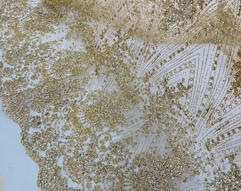 Champagne/Gold Glitter on Mesh Lace Fabric By The Yard for Wedding Decor/Geometric Damask Glitter Fabric  Bridal/Prom/Shimmer/Luxury Sparkle