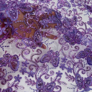Lilac Butterfly Embroidered Lace Fabric with Metallic Thread & Sequins