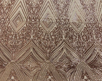 Rose Gold Geometric Sequin Fabric: 4-Way Stretch Triangular Design By The Yard