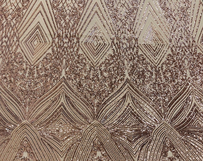 Rose Gold - 4 Way Stretch Geometric Sequins - Nova Design Triangular Fabric for Prom Gala Gown Sold By The Yard