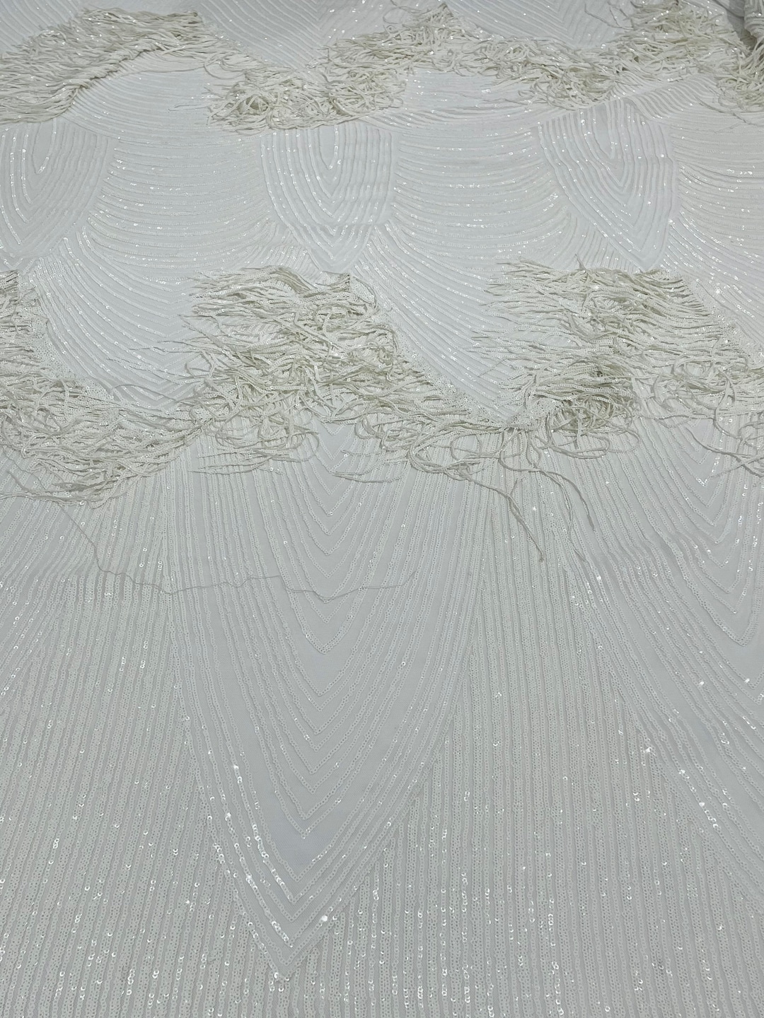 Fringe Sequins Design On A Black 4 Way Stretch Mesh Prom Fabric (1 Yard, White) main image 1