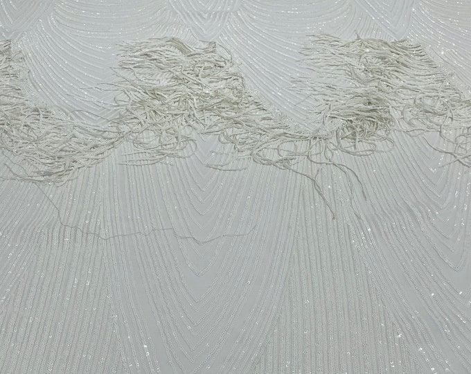 White Fringe Sequins on Power Mesh, Fringe Design Embroidered on 4 Way Stretch Fancy Sequin ( Choose The Size )