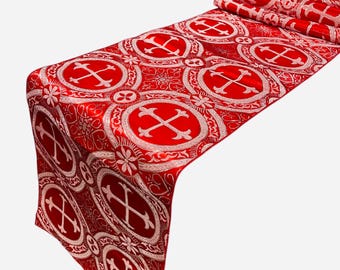 Red Cross Brocade Tablecloth: Religious Liturgical Fabric - Runner or Yard