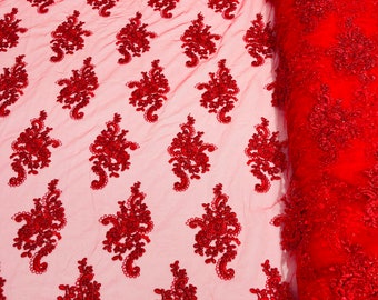 Red With Metallic Thread Floral Lace Fabric, Embroidery With Sequins on a Mesh For Wedding-Bridal By The Yard