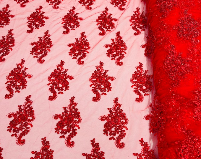 Red With Metallic Thread Floral Lace Fabric, Embroidery With Sequins on a Mesh For Wedding-Bridal By The Yard