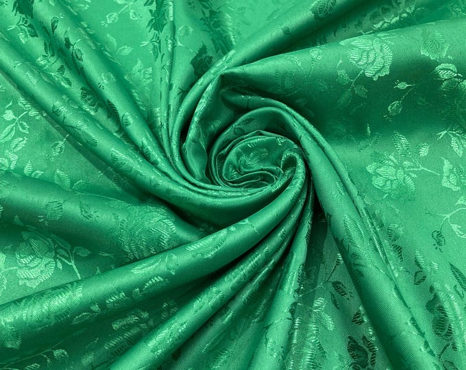 Kelly Green Floral Brocade Jacquard Satin Fabric: 58/60" Wide Polyester, By The Yard