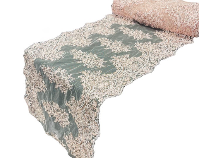 Pink Floral Lace Fabric For Runner 21” Wide, by the yard - Embroidery With Sequins on a Mesh Lace Fabric For Applications Wedding