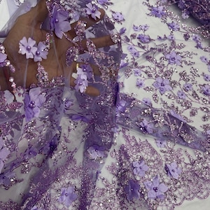 Lilac 3D Flower Glitter Sequin Fabric by the Yard, 3D Floral Glitter ...