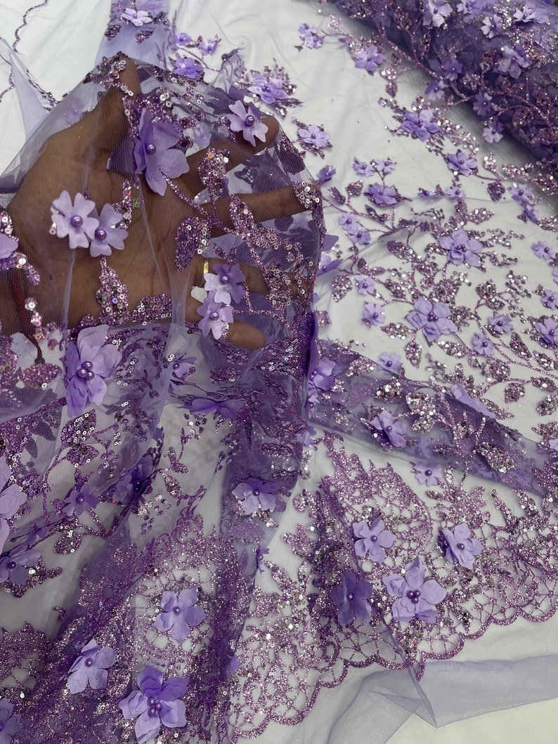 Lilac 3D Flower Glitter Sequin Fabric by the Yard, 3D Floral Glitter ...