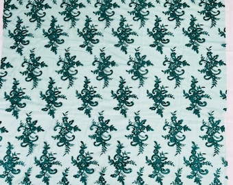 Hunter Green Floral Lace Fabric: Embroidered Sequins Mesh, Bridal Wedding by the yard