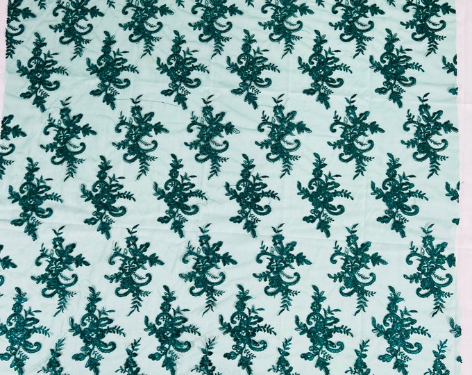 Hunter Green Floral Lace Fabric, by the yard Embroidery With Sequins on a Mesh Lace Fabric For Wedding-Bridal