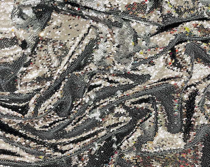 Black/ Matte Black Sequins Fabric: 2-Way Stretch Flip-Up Reversible Sequin