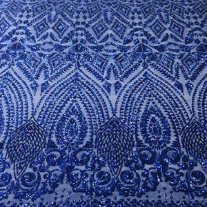 Royal Blue Sequin - 4 Way Stretch Geometric Sequins Bella Design on Mesh Fabric for Prom Gala Gown Sold By The Yard